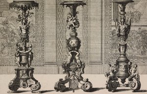 شمعدانات برونزية كبيرة ، نقش جان بيرين (1640-1711) من L'Art pour Tous ، Encyclopedie de l'Art Industriel et Decoratif ، بقلم إميل ريبر ، رقم 50 ، باريس