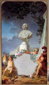 علمي أوروبا التمثيل الرمزي لمجد فرنسا ، تمثال نصفي لويس السادس عشر (1754-1793) يهيمن على خريطة للممتلكات الفرنسية ، الديك ، الملائكة ورموز الفنون والعلوم. لوحة جان جاك باشيلييه (1724-1806) 1762 فرساي بواسطة جان جاك باشيلير