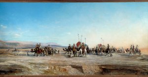 أبحث عن قوافل تخييم للبدو والجمال في الصحراء. رسم جان جوزيف بيلل (1816-1898) مونبلييه القرن التاسع عشر ، متحف فابر - يبحث عن معسكر. قوافل البدو والجمال في الصحراء. رسم جان جوزيف بيلل (1816-1898) بواسطة جان جوزيف بيلل