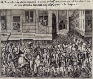 مدخل هنري الرابع (1553 - 1610) في باريس في 22 مارس 1594 والذهاب إلى كاتدرائية نوتردام لحضور القداس - نقش جان ليكلر ، بعد بوليري ، متحف نوتردام دي باريس بواسطة جان لوكلير