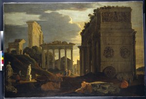 Capriccio view with figures by a triumphal arch and the Temples of Saturn and Jupiter Tonans (oil on canvas) بواسطة جان لومير