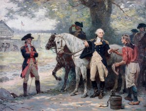 حرب الاستقلال الأمريكية (1775-1783): جورج واشنطن (1732-1789) في منتصف الطريق إلى بروك، بالقرب من المعسكر العسكري للجيش القاري، شاب يجلب له شرابًا - لوحة لجين ليون جيروم فيريس (1863-1930) بواسطة جان ليون جيروم