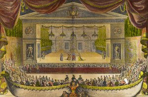تمثيل للمريض الخيالي في فرساي تمثيل مسرحية جان بابتيست بوكلين ديت موليير (1622-1673) أمام كهف ثيتيس (Thetys) في حدائق فرساي بحضور الملك لويس الرابع عشر ، مكان في الوسط بواسطة جان ليبوتر