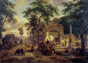 طريق ذو مناظر طبيعية بعربة فلاحين وقطعان ورعاة. رسم جان لويس ديمارن (1744-1829) القرن التاسع عشر. خافت. 0،5x0،61 م.