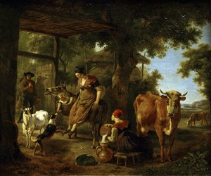 في المزرعة. مشهد من الحياة الريفية par Demarne، Jean-Louis (Jean Louis de Marne ou de Marnette) (حوالي 1752-1829). زيت على قماش ، النصف الثاني من القرن الثامن عشر ، متحف الدولة أ. راديشيف للفنون ، ساراتوف