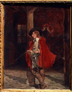 "" Le swashbuckler in a red cloak "" (Swashbuckler in a red cloak) تمثيل لفارس ، عاشق مبارزات السيف ، يميل بلا مبالاة ضد عمود. لوحة رسمها إرنست جان لويس ميسونييه (1815-1891) متحف بوشكين في القرن التاسع عشر ، موسكو بواسطة جان لويس إرنست ميسونييه