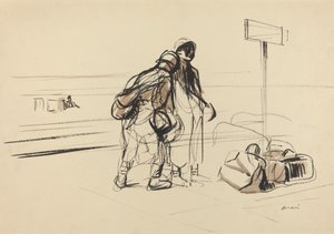جنديين فرنسيين بالقرب من لوحة ملاحظات ، ج. 19141919. بواسطة جان لويس فورين