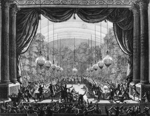 French Revolution: Banquet of the bodyguards on 1 October 1789 in the opera room of the castle of Versailles to celebrate the arrival of their comrades from the regiment of Flanders. Engraving by Berthaut after Prior. Paris, Library of the Institute of His