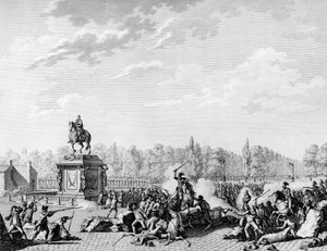 الثورة الفرنسية: مكان لويس الخامس عشر ، تنانين تشارلز يوجين دي لورين ، أمير لامبيسك (1754-1825) حملت موكبًا يحمل تمثال نصفي لجاك نيكر (1732-1804) ودوق أورليانز في 12 يوليو 1789. نقش بيرثاوت بعد قبل. باريس،