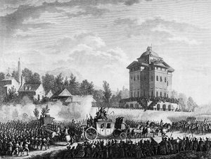 French Revolution: Return of the Royal Family after the arrest in Varennes on 20 and 21 June 1791: King Louis XVI and Marie Antoinette were returned to Paris on 25 June 1791. Engraving after a drawing by Prior. Paris, Library of the Institute of History of