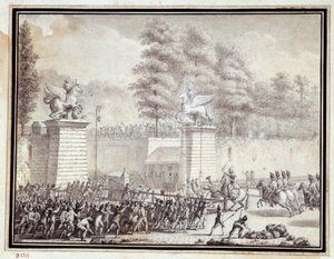 French Revolution: “” Monsieur de Lambesc entering the Tuileries with a detachment from the Royal German Regiment on 12 July 1789”” Drawing in ink and wash by Jean-Louis Prieur (1759-1795)
