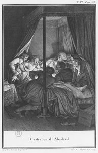 Castrating Abelard ، رسم توضيحي من "Lettres d&39;Heloise et d&39;Abelard" ، المجلد الأول ، الصفحة 33 ، منقوش بواسطة فنسنت ماري لانجلوا الأصغر (م 1786) بواسطة جان ميشيل الأصغر مورو
