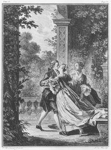 قبلة الحب الأولى ، المجلد الأول ، الصفحة 37 ، رسم توضيحي من "La Nouvelle Heloise" لجان جاك روسو (1712-1778) منقوش بواسطة نويل لو مير (1724-1800) بواسطة جان ميشيل الأصغر مورو