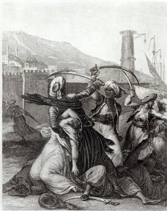 `` أبقاني قبطاني مختبئًا خلفه ، وبواسطة سيفه المرسوم قطع كل من يعارضه '' ، رسم توضيحي من الفصل 11 من "كانديد" بقلم فرانسوا فولتير (1694-1778) (نقش) (صورة b / w)