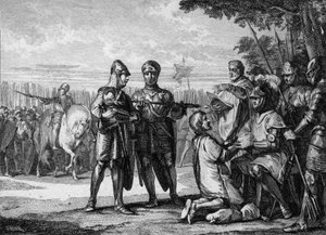 معركة تيرتري ، 687: الفائز من جيش نيوستريا ، بيبين جون أو هيرستال (حوالي 653-714) ، أمير أستراسيا ، يعترف بسلطة ملك نيوستريا تييري الثالث (657-691). نقش جان ميشيل مورو ، في Moreau le Jeune (1741- 181 بواسطة جان ميشيل الأصغر مورو