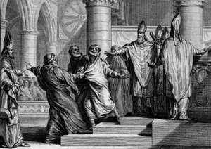 ندم وترسيب لويس الأول الورع أو ديبونير (778-840) ، 833: بعد الاعتراف ، جرد الملك من الحلي الإمبراطورية من قبل Archeveque of Reims ، ثم غُطي بكيس من التائبين. نقش جان ميشيل مورو ، في Moreau le Jeu بواسطة جان ميشيل الأصغر مورو