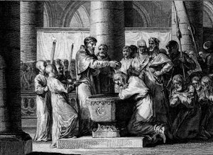 الحرب ضد الساكسونيين ، 785: معمودية Witikin من ساكسونيا (أو Widukind ، Wittekind). وافق زعيم السكسونيين ، الذي تعرض للضرب على يد جيش شارلمان ، على التحول إلى الكاثوليكية. نقش جان ميشيل مورو ، ديت مورو لو جون (1741-1814) بواسطة جان ميشيل الأصغر مورو