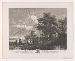 شركة صيد في منظر طبيعي به جسر Petite Partie de Chasse (العنوان على الكائن) يطبع بعد اللوحات بواسطة Philips Wouwerman (عنوان السلسلة) أعمال Ph.pe Wouwermans Hollandois (عنوان السلسلة) بواسطة جان مويرو