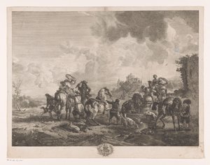 يستريح الصيد في النافورة ينبوع فينوس يطبع بعد اللوحات بواسطة Philips Wouwerman (عنوان السلسلة) أعمال Ph.pe Wouwermans Hollandois (عنوان السلسلة) بواسطة جان مويرو