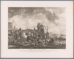 شخصيات وخيول مختلفة بجانب الماء أمام جسر L'Abreuvoir Hollandois (العنوان على الكائن) مطبوعات بعد اللوحات بواسطة Philips Wouwerman (عنوان السلسلة) Oeuvres de Ph.pe Wouwermans Hollandois (عنوان السلسلة) بواسطة جان مويرو