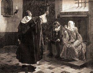 المحقق الإسباني الكبير ، فراي توماس دي توركويمادا (1420-1498) ، من بين الملوك الكاثوليك فرديناند الثاني من أراغون وإيزابيلا قشتالة