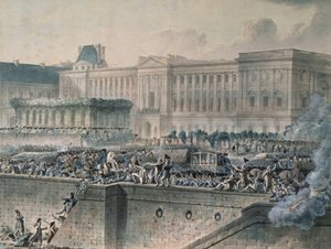 وصول لويس السادس عشر (1754-93) أمام متحف اللوفر ، 17 يوليو 1789 (مرحاض وجواش على الورق) بواسطة جان بيير هويل