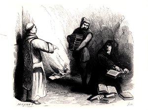 Auto da Fe of Books في روما مرتبة حسب لجنة الفهرس ، من "Le Secret de Rome au XIXe siecle" بقلم يوجين بريفولت ، باريس ، 1874
