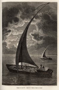Les Barques du haut Nile ، طاقم مخفض وركاب ينامون على سطح السفينة ، في ضوء القمر ، نقش بعد رسم جي موينيت ، الذي يوضح الرحلة إلى قلب إفريقيا في 1868-1871 ، للدكتور جورج شوينفورث ، نُشر في "" Le Tour du موندي "1874 ، إيدي
