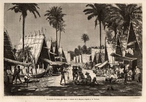 مسيرة دوبو ، في جزيرة أرو ، مركز ميناء ، رسمها العديد من التجار وبناء السفن ، نقش بعد الرسم الذي رسمه جي موينيت ، يوضح الرحلة إلى الأرخبيل الماليزي في 1854-1862 ، بواسطة ألفريد راسل والاس (1823-1913) )، بريطاني