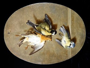 A Trompe l'Oeil of Blue Tits معلق بخيط (زيت على لوح) بواسطة جان بيير كزافييه بيدولد
