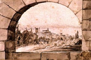 منظر لمدينة وبحيرة براتشيانو ، حوالي عام 1810 (قلم حبر وحبر بني داكن مع طلاء بني داكن على ورق) بواسطة جان توماس تيبولت