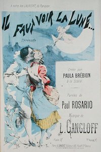 الغلاف الأمامي لإحدى المقطوعات الموسيقية لـ "Il Faut Voir la Lune" ، موسيقى L.Gangloff ، نص من تأليف Paul Rosario ، من تأليف Paula Brebion في La Scala (نقش ملون) بواسطة جان أوليس روي
