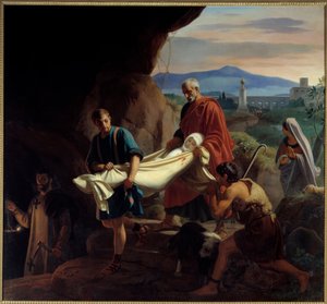جنازة شابة مسيحية في سراديب الموتى في روما وقت الاضطهاد. لوحة لفيكتور شنيتز (1787 - 1870)