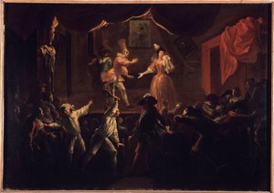 Deplorable successes of this piece. One of the palm players whose clothes had been derobe, gives a big racket to La Rapiniere. Painting illustrating “The Comic Roman” by Paul Scarron (1610-1660). Oil On Canvas by Jean-Baptiste (Jean Baptiste) Coulom (or Co