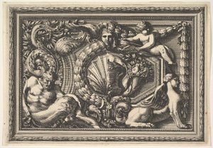 تصميم للوحة ذات متغيرين يحتويان على ساتير و Sphynx ، من: Pannea ... ، القرن السابع عشر. بواسطة جان لو بوتر
