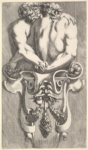 تصميم لفترة مع اثنين من الساتير المحتضنين ، من: Curieuses Recherches de عدة Beaus ... ، 1645. بواسطة جان لو بوتر