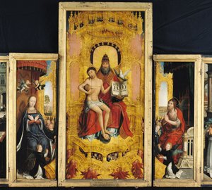 Polyptych من تمجيد الثالوث الأقدس ، لوحة مركزية تصور الثالوث ، العذراء والقديس يوحنا المعمدان ، c.1509-16 بواسطة جان الأكبر Bellegambe
