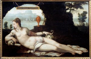 Eva Prima pandora representation of a woman, crossing the characteristics of Eve and Pandora, who all of them bring all evil to earth. Painting (Vanite) by Jean Cousin called the Father (1490-1560) 16th century. Dim. 0,97x1,5 m. بواسطة ابن عم جان الأكبر