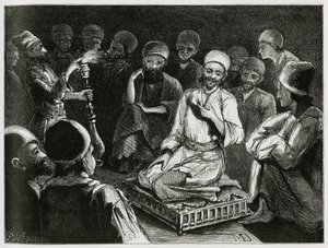 راوي القصص الفارسية يحيط بجمهوره. نقش للمؤلف المسافر لتوضيح قصة "بلاد فارس وتشالدي وسوسيان" " بواسطة جين ديولافوي