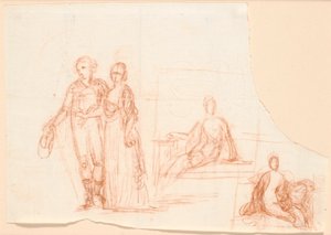 مسودة التكوين لصورة عائلة Ryberg ؛ على اليمين ، مسودة شخصية أنثوية جالسة بواسطة Jens Juel
