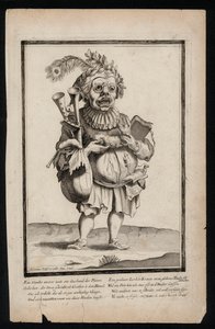 رجل يحمل مجموعة من مزمار القربة ويرتدي غطاء رأس من ريش الطاووس ، طباعة زي سريالي ، c1700 (نقش) بواسطة جيريمياس وولف