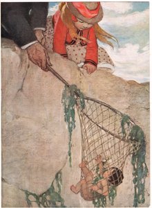 توم متشابكًا في شبكة الصيد ، رسم توضيحي من كتاب The Water Babies للكاهن تشارلز كينجسلي (لون ليثو) بواسطة جيسي ويلكوكس سميث