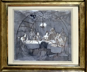 Fête des Cabanes في مطعم Kasher من قبل عائلة Moses Ulmann. الرسم على الورق ، غسل القلم 1831 35.5 × 31.3 سم. (JM 189) المتحف اليهودي بازل ، سويسرا. بواسطة المدرسة اليهودية