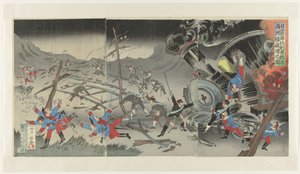 تدمير سكة الحديد في منشوريا خلال الحرب الروسية اليابانية Nichiro Shiberia tetsudô Manshûsen hakai no zu (العنوان على الكائن) بواسطة جينساي روسيتسو