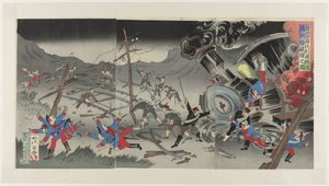 تدمير سكة الحديد في منشوريا خلال الحرب الروسية اليابانية Nichiro Shiberia tetsudô Manshûsen hakai no zu (العنوان على الكائن) بواسطة جينساي روسيتسو