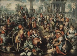 مشهد السوق: Ecce Homo ، الجَلْد وحمل الصليب ، 1561 بواسطة يواكيم بوكيلر
