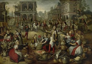 السوق ، مع العبوة ، و Ecce Homo وتحمل الصليب في الخلفية ، 1550-1590 بواسطة يواكيم بوكيلر
