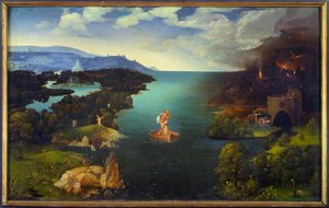 مرور Styx Charon (Caron) على قاربه في العالم السفلي. لوحة رسمها يواكيم باتينير (متزلج) (1485-1524) (إي سي فلام) الشمس 0،64 × 1،03 م مدريد ، متحف دو برادو بواسطة يواكيم باتينير