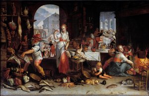 A woman spins a chicken in a kitchen filled with food. Painting by Joachim Wtewael (1556-1638) Sun. 0,63x1 m