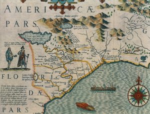 ساحل ولاية كارولينا الشمالية ، تفاصيل الخريطة بعنوان Virginiae item et Floridae من Mercator Atlas ... عام 1606 ، حانة. بواسطة Jodocus Hondius ، 1619 نقش ملون باليد ، انظر أيضًا 66818 و 81957 و 81958